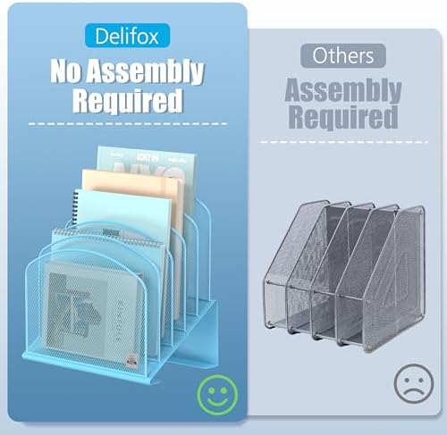 Delifox Inclined Desk File Organizer,Vertical File Folder Holder Stand Metal Rack File Sorter for Office Classroom Desktop Organization (1, Blue, 5)