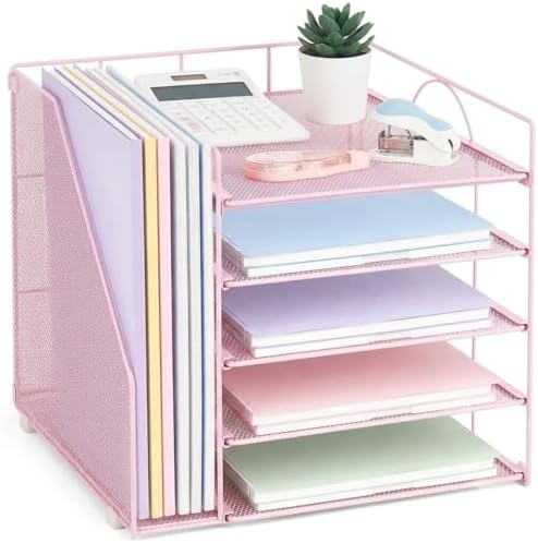 LEKETREE Desk Organizers and Accessories, 5-Tier Paper Letter Tray Organizer with File Holder, Desktop Organizer for Office Supplies (Pink)