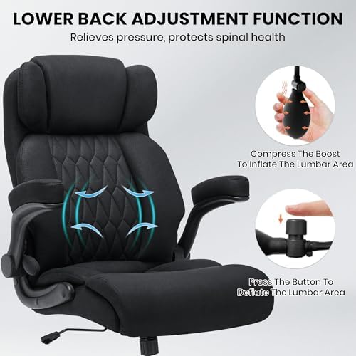 500lbs Big and Tall Office Chair Adjustable Lumbar Support for Back Pain, Extra Wide Seat Executive Office Chair Thick Armrest Pad, Heavy Duty Base&Upgraded Wheels, Ergonomic Desk Chair