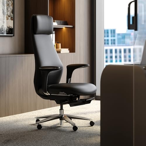 TOMU Executive Office Chair with Foot Rest, Top Grain Genuine Leather Office Chair, Ergonomic High Back Design. Real Leather, Wheels, Alumium Base. Padded Armrest, Luxury and Comfy (Black)