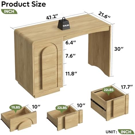 Bestier 47" Home Office Desk with 3 Drawers, Executive Style, Natural Oak