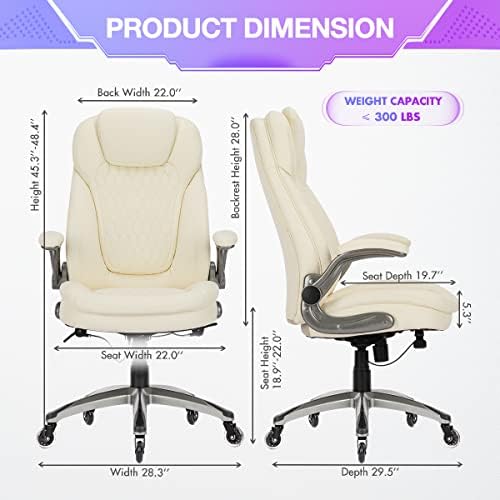 COLAMY Ivory Leather High Back Executive Office Chair, Ergonomic Desk Chair with Flip-up Arms, Thick Cushion, Silent Nylon Wheels, Adjustable Height & Rocking Function, 300lbs Capacity