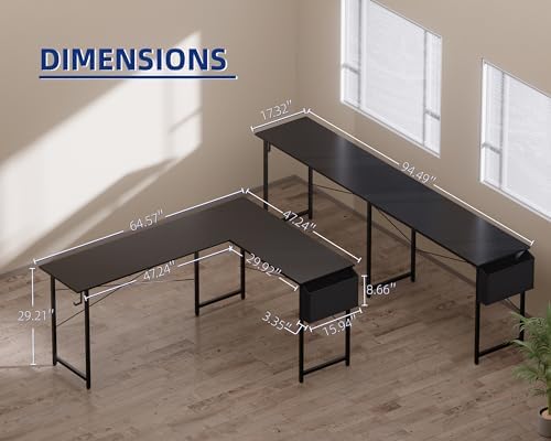 Pamray 64.5 Inch Reversible L Shaped Gaming Desk Large Corner Computer Desk with Storage Bag Home Office Table for Writing Study Marble