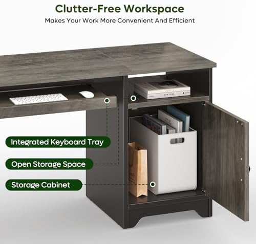 Bestier 47-Inch Office Desk with Storage Cabinet & Keyboard Tray, Grey