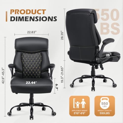 550LBS Big and Tall Office Chair for Heavy People,Ergonomic Office Chair with Padded Flip-Up Arms and Adjustable Lumbar Support,High Back Executive Leather Desk Chair with Rocking Function