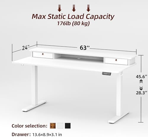 TIQLAB Standing Desk with Two Drawers, Stand Up Standing Desk Adjustable Height, Electric Sit Stand Table with Storage Shelf and Splice Board, 63 * 24 inch, White