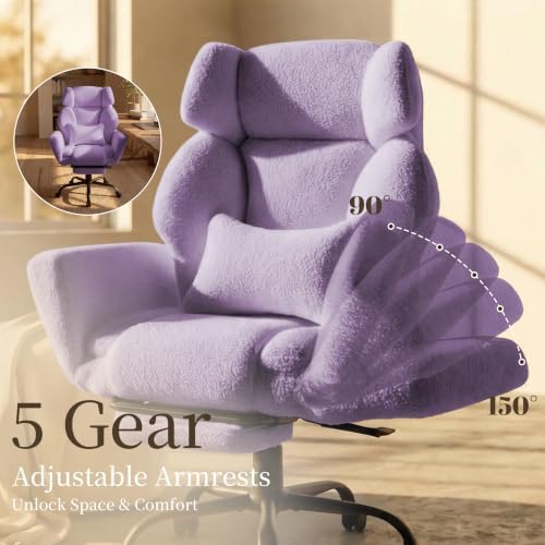 Office Chair with Flip Armrests,Comfy Criss Cross Chair for Pets Sitting,Big and Tall Office Chair with Foot Rest,Extra Wide Seat & Lumbar Pillow,Ergonomic Computer Gaming Chair,Teddy Fleece,Purple