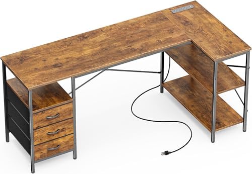 Huuger L Shaped Office Desk with Power Outlets & 3 Drawers
