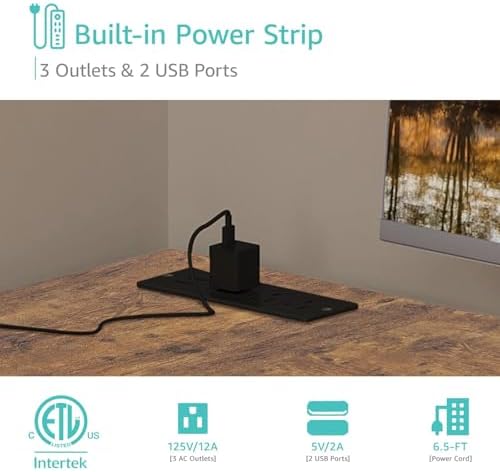 Lufeiya L Shaped Computer Desk with Drawers & Storage Shelves, 63 Inch Corner Desk with Power Outlet for Home Office Bedroom, L-Shaped Teen PC Gaming Desks with Fabric Drawer, Rustic Brown