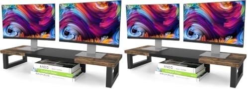 WESTREE Dual Monitor Stand Riser, Wood and Steel Multi-Purpose Desktop Storage Stand for 2 Monitors for Computer, Laptop, Printer, TV, Rustic Brown (Pack of 2)