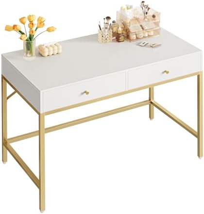 SUPERJARE 39.4" White and Gold Desk with 2 Drawers, Modern Makeup Desk