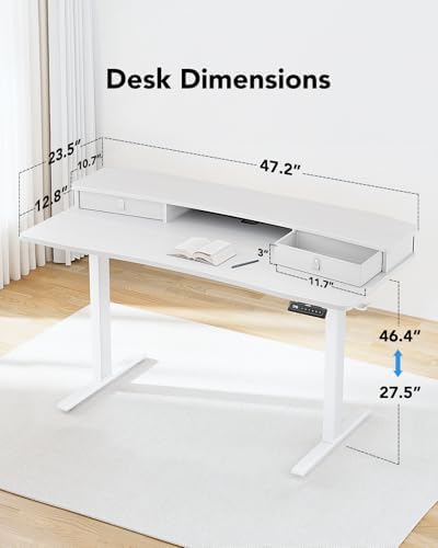 HUANUO 48″ x 24″ Electric Standing Desk with 2 Drawers, C-Clamp Mount Compatible, Height Adjustable Computer Desk, Home Office Stand Up Desk with 4 Preset Heights & 2 Hooks, White