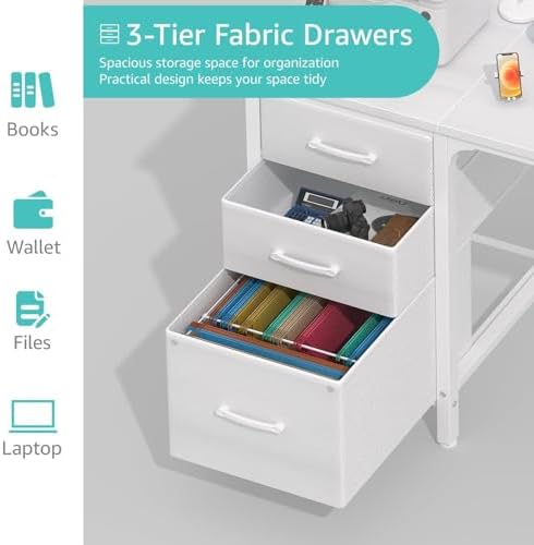 Lufeiya White Computer Desk with Fabric File Drawers Cabinet, 55 Inch Reversible Desks with Storage Filing Cabinet for Home Office, Modern Writing Table PC Desks for Bedroom, White
