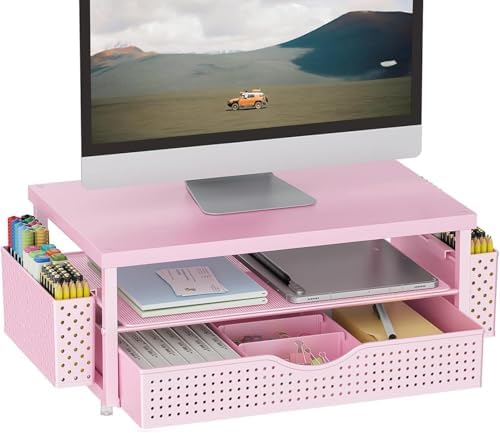 gianotter Desk Organizers and Accessories, Monitor Stand with Drawer and 2 Pen Holder, Desktop Organizer Suitable for Offices and Dormitories (Matte Pink)