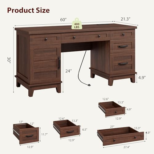 GarveeHome Executive Desk with File Drawers, Farmhouse Home Office Desk with Charging Station, 60 in Wooden Computer Desk with Cabinet Storage for Work Study Writing, Walunt Brown