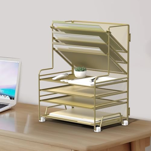 MINDEPOT 4-Tier Paper Organizer + 3-Pocket File Holder + Drawer + Pen Holders, Desktop File Organizers Paper Tray for Office Supplies School Classroom Organization (Gold, no Drawer & Pen Holder)