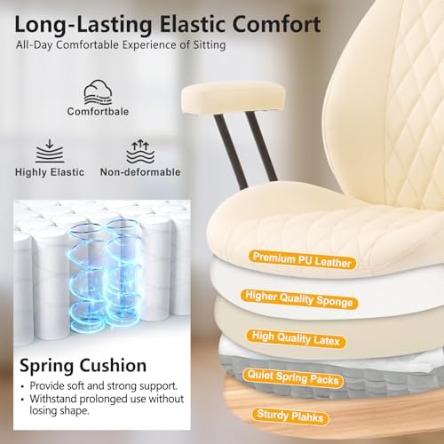 YFO Home Office Desk Chair Office Rubber Casters Ergonomic Computer Chair with Lumbar Support Adjustable Height Rolling Swivel Executive Task Armrests Chair， Cream Leather
