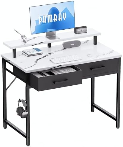 Pamray 32 Inch Small Computer Desk with Monitor Stand and 2 Drawers