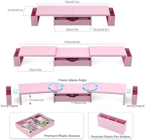 Spacrea Metal Desk Organizers and Accessories, Dual Monitor Stand Riser with Drawer and 2 Pen Holders, Desk Accessories & Workspace Desktop Organizers for Office Supplies (Pink)