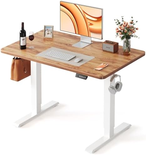 FEZIBO 40 x 24 Inchs Electric Standing Desk, Height Adjustable, Sit Stand Up, Computer Office Desk with Splice Board, White Frame/Light Rustic Top