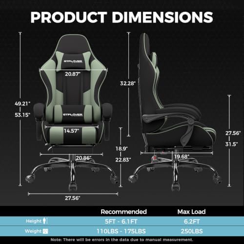GTPLAYER Gaming Chair, Computer Chair with Footrest and Lumbar Support, Height Adjustable Game Chair with 360°-Swivel Seat and Headrest and for Office or Gaming (Green, Fabric)