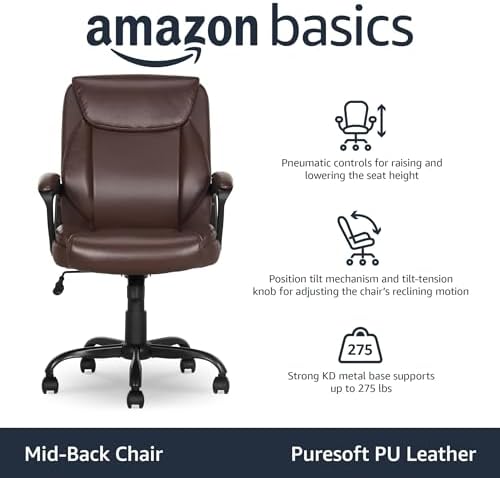 Amazon Basics Classic Puresoft PU Padded Mid-Back Office Chair with Armrest, Height Adjustable, Wheels, 25.75"D x 24.25"W x 42.25"H, Brown