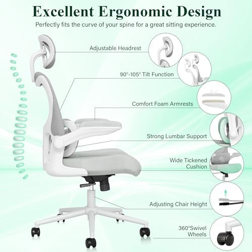 SUNNOW Ergonomic Office Chair, Comfy Mesh Desk Chair, High Back Computer Gaming Chairs with Adjustable Lumbar Support, Flip-Up Arms, Headrest, Tilt Function, Wide Cushion, Swivel Rolling Wheel (Grey)