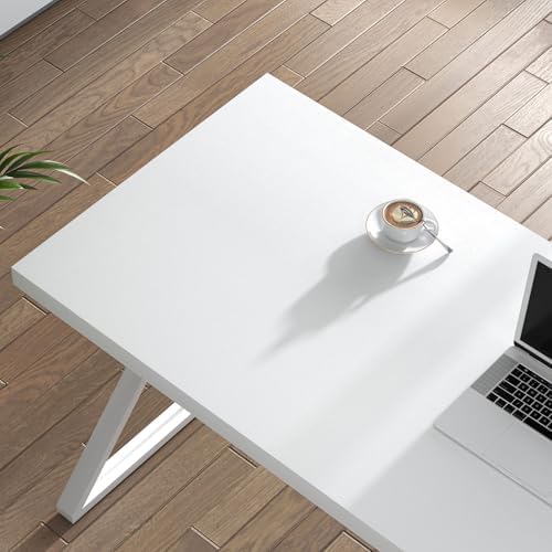 FOLUBAN White Desk, Modern Wood and Metal Computer Desk for Home Office, Simple Writing Work PC Desks for Bedroom, Industrial Study Gaming Table for Living Room, White, 47 Inch