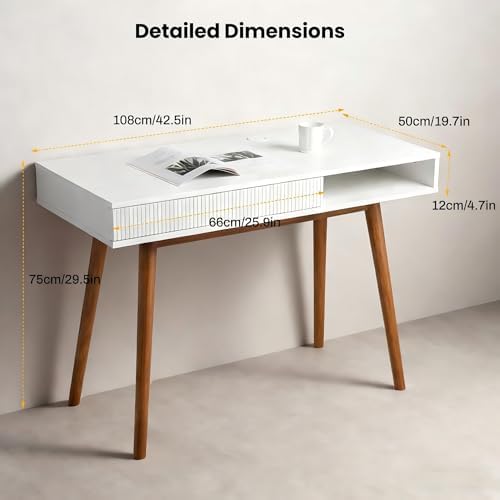Artswish White Wood Desk with Drawer, 42" Mid Century Modern Writing Desk