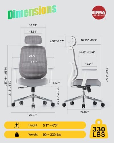 Ergonomic Office Chair, High Back Mesh Chair with Lumbar Support, Ultimate Back Support Office Desk Chair, Comfortable Computer Chair & Gaming Chair for Office & Home, White
