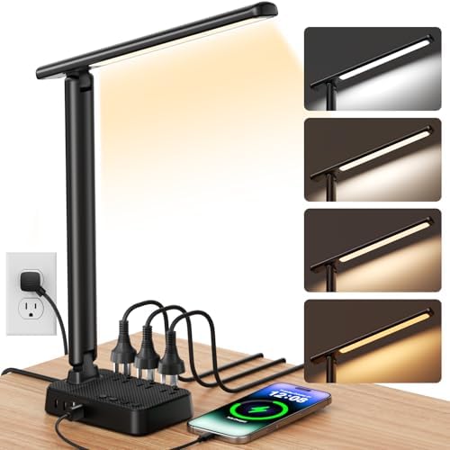 Airlonv LED Desk Lamp for Office Home, Power Strip with 3 Outlets 4 USB Charging Ports(2 USBC), 4 Modes 5 Level Brightness Desk Light, Small Desk Lamp for College Dorm Room Essentials