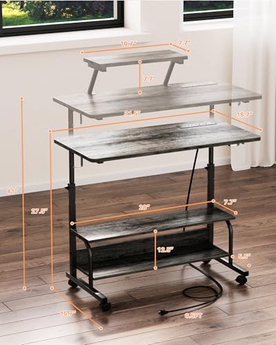 Height Adjustable Standing Desk with Power Outlets and LED Lights - 32" Manual Stand Up Desk with Monitor Stand and Storage Shelves Small Mobile Rolling Computer Desk Portable Laptop Table, Grey Oak