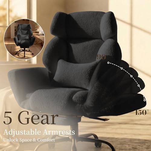 Office Chair with Flip Armrests,Big and Tall Office Chair with Foot Rest,Extra Wide Seat & Lumbar Pillow,Comfy Criss Cross Chair for Pets Sitting,Ergonomic Computer Gaming Chair,Teddy Fleece,Black