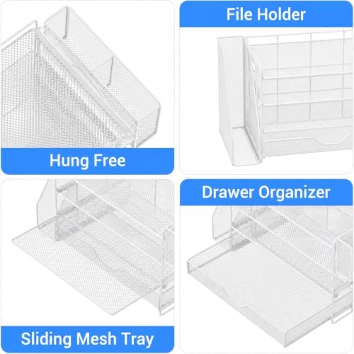 OPNICE Desk Organizers and Accessories, 4-Tier Desktop File Organizer with Drawer and Pen Holders, Office Desk Accessories Workspace Organizers for Office Supplies (Soft White)