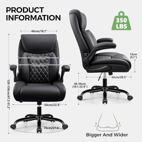 Office Chair, Ergonomic Executive Desk Chair with Lumbar Support for Lower Back Pain Relief, Padded Flip-Up Armrests, Leather Home Office Chair, Black
