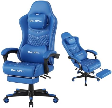 Gaming Chair,Big and Tall Gaming Chair 400lbs Office Chair with Footrest, 90-155° Recline & Removable Headrest Lumbar Support[Spring + 4D Sponge](Blue)