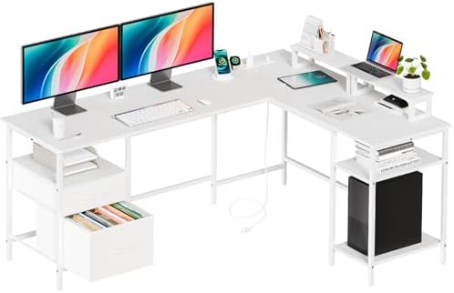 DUMOS 62” L Shaped Desk with Drawers and Power Outlet, White