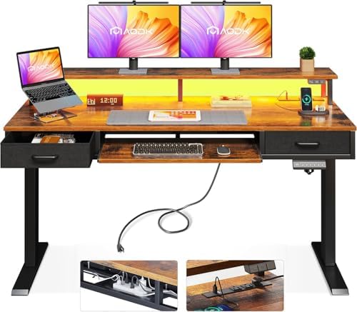 AODK 55 Inch Standing Desk with Drawers & Keyboard Tray, Rustic Brown