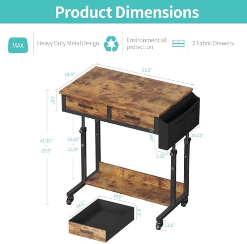 Small Portable Standing Rolling Desk - 32 Inch Adjustable Mobile Stand Up Teacher Desks with 2 Fabric Drawers on Wheels, Couch Sofa Side Laptop Table with Storage for Bedroom Home Office, Rustic Brown