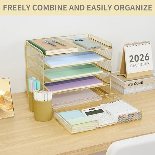 LEKETREE Desk Organizers and Accessories, 5-Tier Paper Letter Tray Organizer with Drawer & 2 Pen Holders, Desktop Organizer for Office Supplies (Gold)