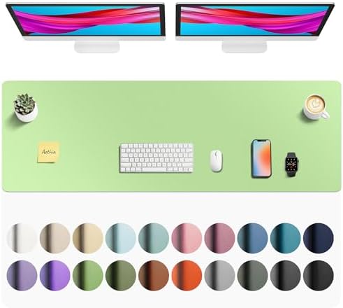 Aothia Faux Leather Desk Mat - Non-Slip PU Leather Desk Blotter, Waterproof Writing Surface, Large Desk Pad for Office & Home (Foam Green, 55" x 17")