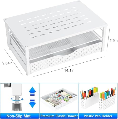 gianotter Desk Organizers and Accessories, Monitor Stand with Drawer and 2 Pen Holder, Desktop Organizer Suitable for Offices and Dormitories (White)