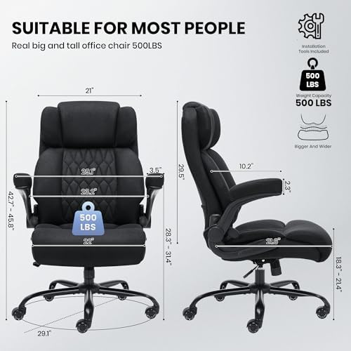 500lbs Big and Tall Office Chair Adjustable Lumbar Support for Back Pain, Extra Wide Seat Executive Office Chair Thick Armrest Pad, Heavy Duty Base&Upgraded Wheels, Ergonomic Desk Chair