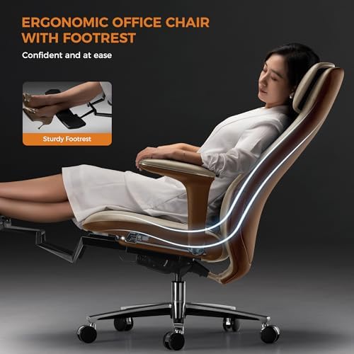 TOMU Executive Office Chair with Foot Rest, Top Grain Genuine Leather Office Chair, Ergonomic High Back Design. Real Leather, Wheels, Alumium Base. Padded Armrest, Luxury and Comfy (Beige)