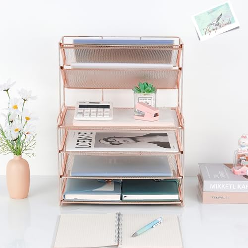 OPNICE Desk Organizer, 6-Tier Paper Organizer Letter Tray, Rose Gold