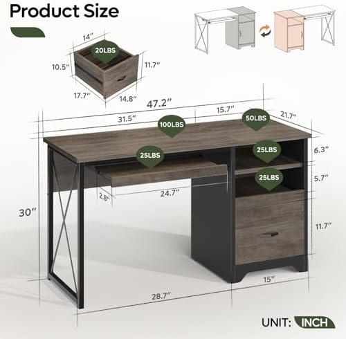 Bestier 47" Office Desk with Drawers, Industrial Computer Desk with Drawer, Reversible Teacher Desk with Storage & Keyboard Tray for Small Space Home Office & Studio, Gray Wash