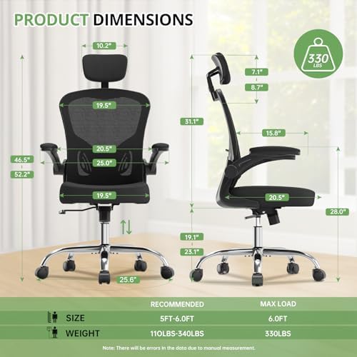 Office Chair Ergonomic Desk Chair, 330LBS Capacity, High Back Computer Chair for Long Hours Comfortable, Rolling Swivel Executive Task Chair for Home Office with Flip-up Armrests, Black Black-Chrome