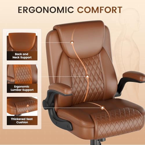 GTPLAYER PU Leather Office Chair, Home Desk Chair with Flip-up Arms, Brown