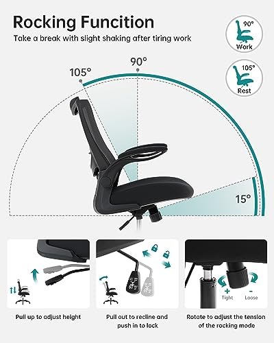 MUXX.STIL Office Chair, Ergonomic Desk Chair with Adjustable Lumbar Support and Flip up Armrest, Breathable Mesh Computer Chair for Home Office, Black