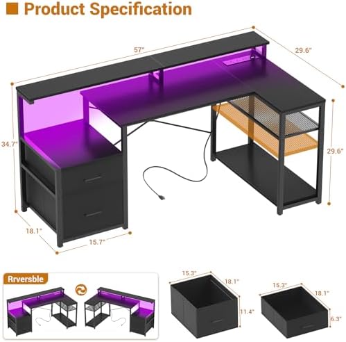 Aheaplus L Shaped Desk with File Drawer, Reversible L Shaped Gaming Desk